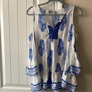 EUC Carole Christian Royal Blue and White Cold Shoulder Tie Front Blouse